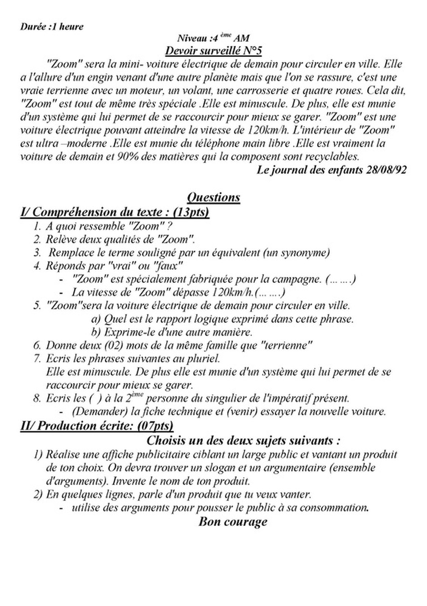 نموذج  4 لاختبار الثلاثي الثالث في اللغة الفرنسية 4 متوسط 1035568