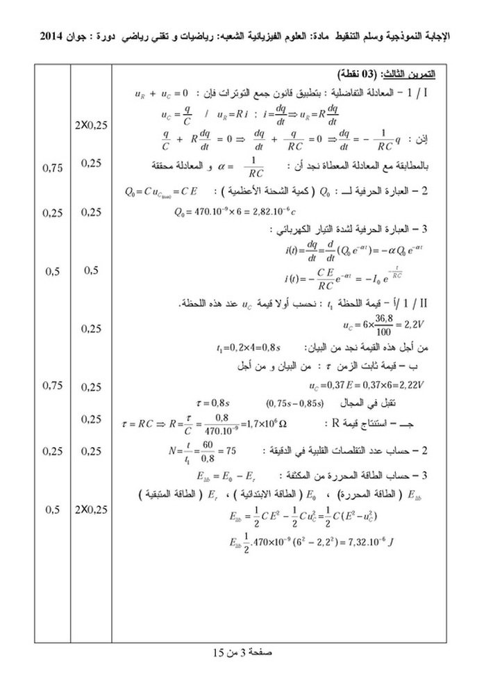 امتحان بكالوريا في العلوم الفيزيائية مع التصحيح ـ شعبة تقني رياضي (دورة2014) 1494128