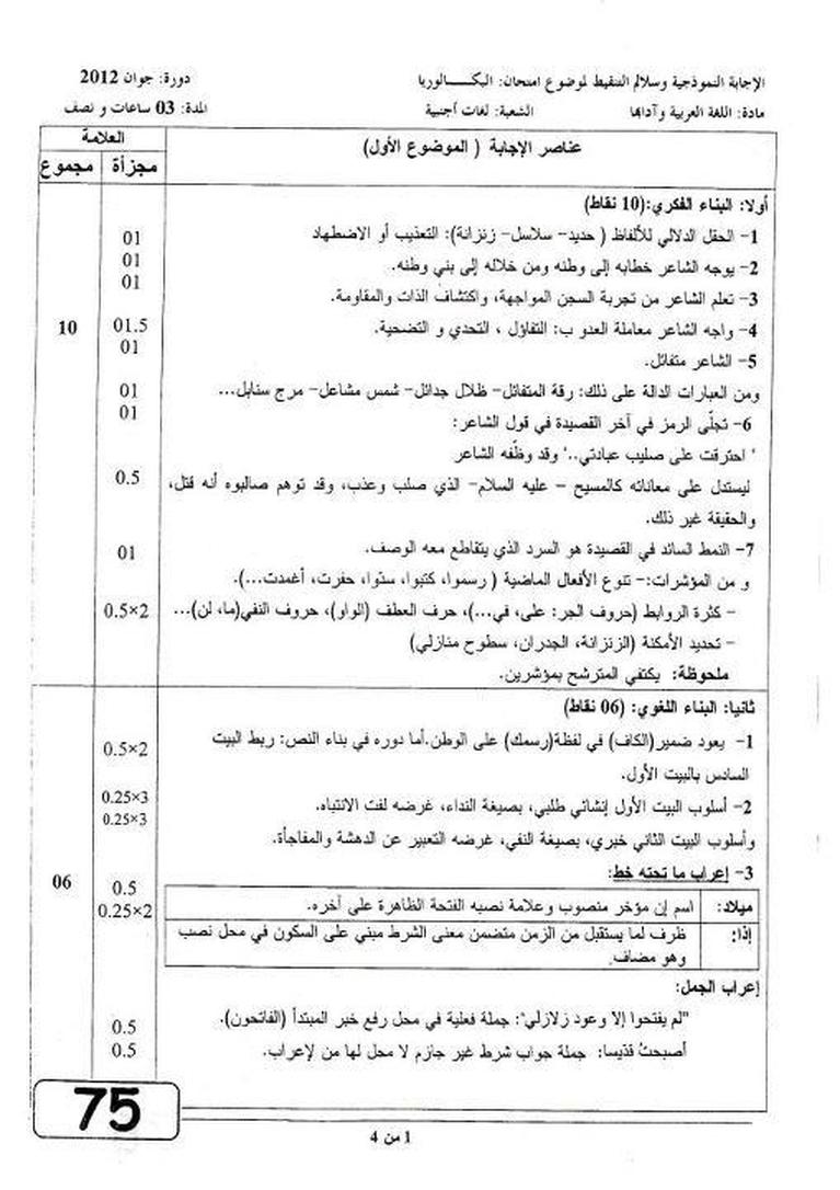 التصحيح النموذجي لموضوع اللغة العربية بكالوريا 2012 شعبة لغات أجنبية 2041814