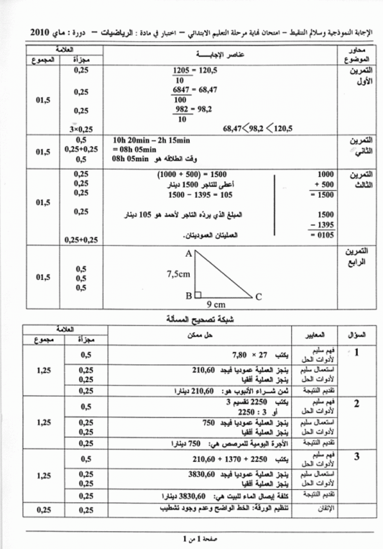 موضوع الرياضيات في شهادة التعليم الابتدائي 2010 مع التصحيح 4431066