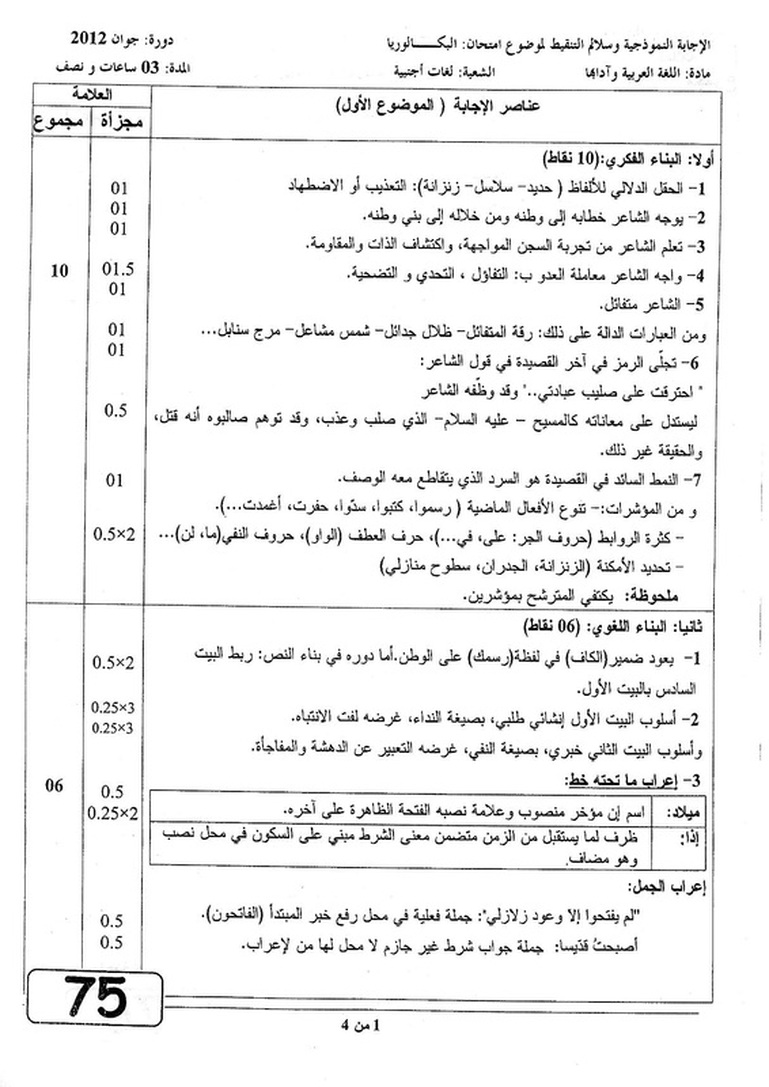 موضوع اللغة العربية مع التصحيح  بكالوريا 2012 شعبة لغات أجنبية 5193718