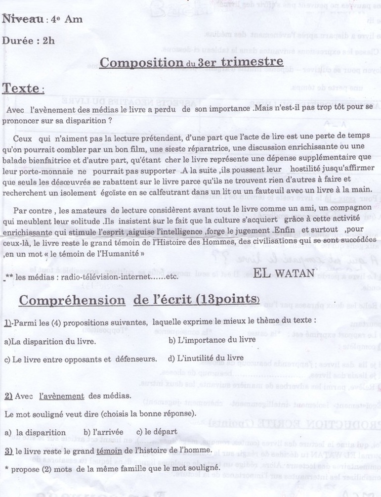 نموذج لاختبار الثلاثي الثالث في اللغة الفرنسية 4 متوسط 6261687