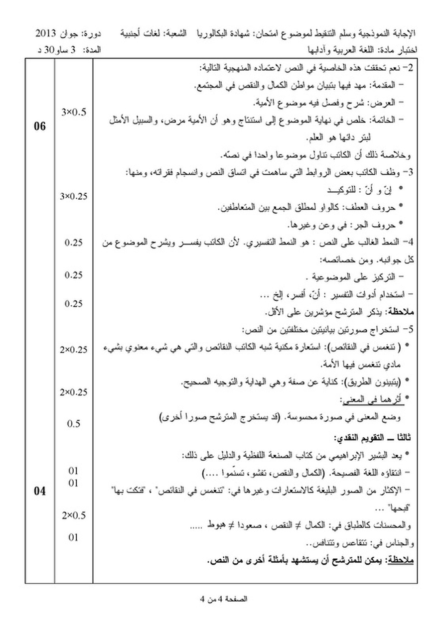 التصحيح النموذجي موضوع اللغة العربية ( الادب العربي ) باكلوريا 2013 bac شعبة لغات اجنبية  	 8517203