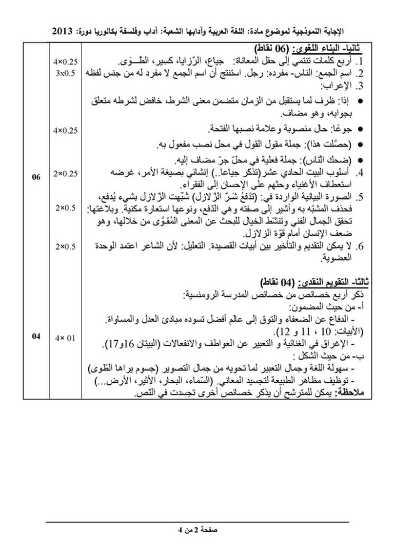 تصحيح موضوع اللغة العربية لشعبة آداب و فلسفة بكالوريا 2013 8623399