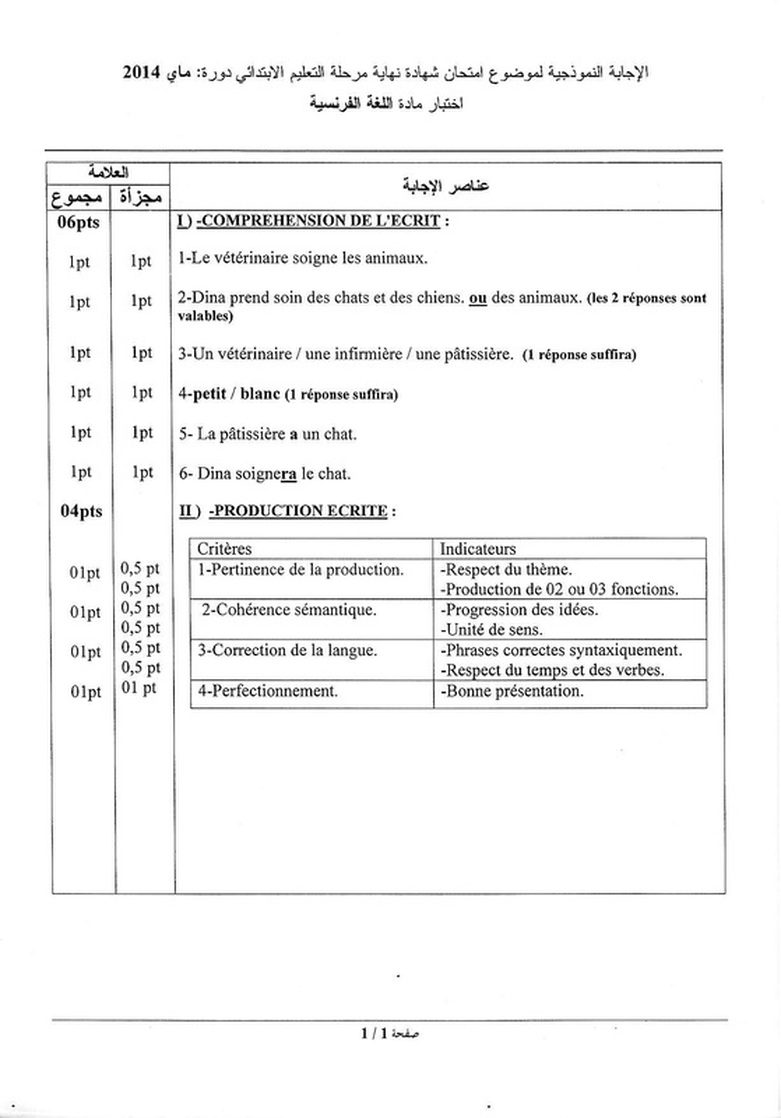 موضوع اللغة الفرنسية في شهادة التعليم الابتدائي 2014 9177567
