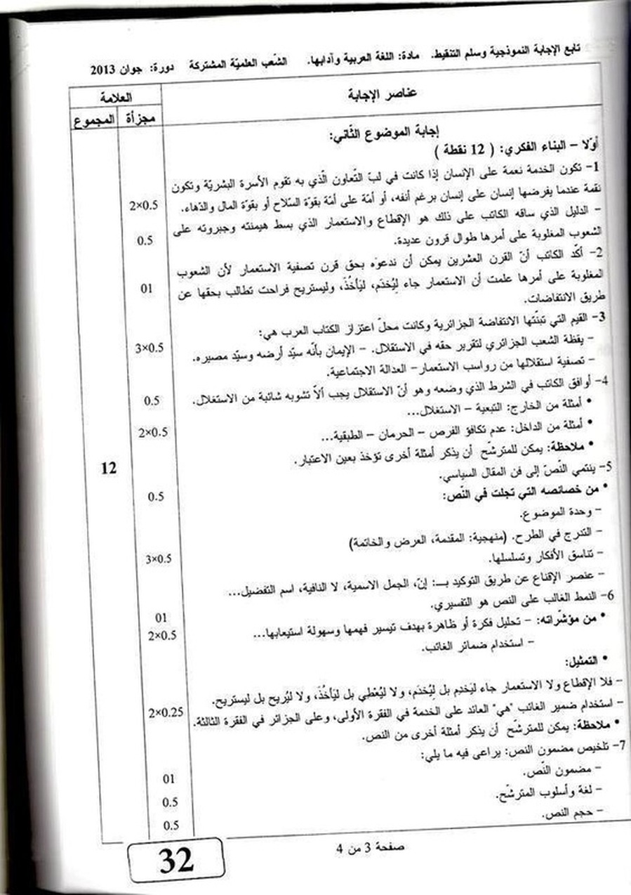 التصحيح النموذجي لمادة اللغة العربية بكالوريا 2013 للشعب العلمية 9573898