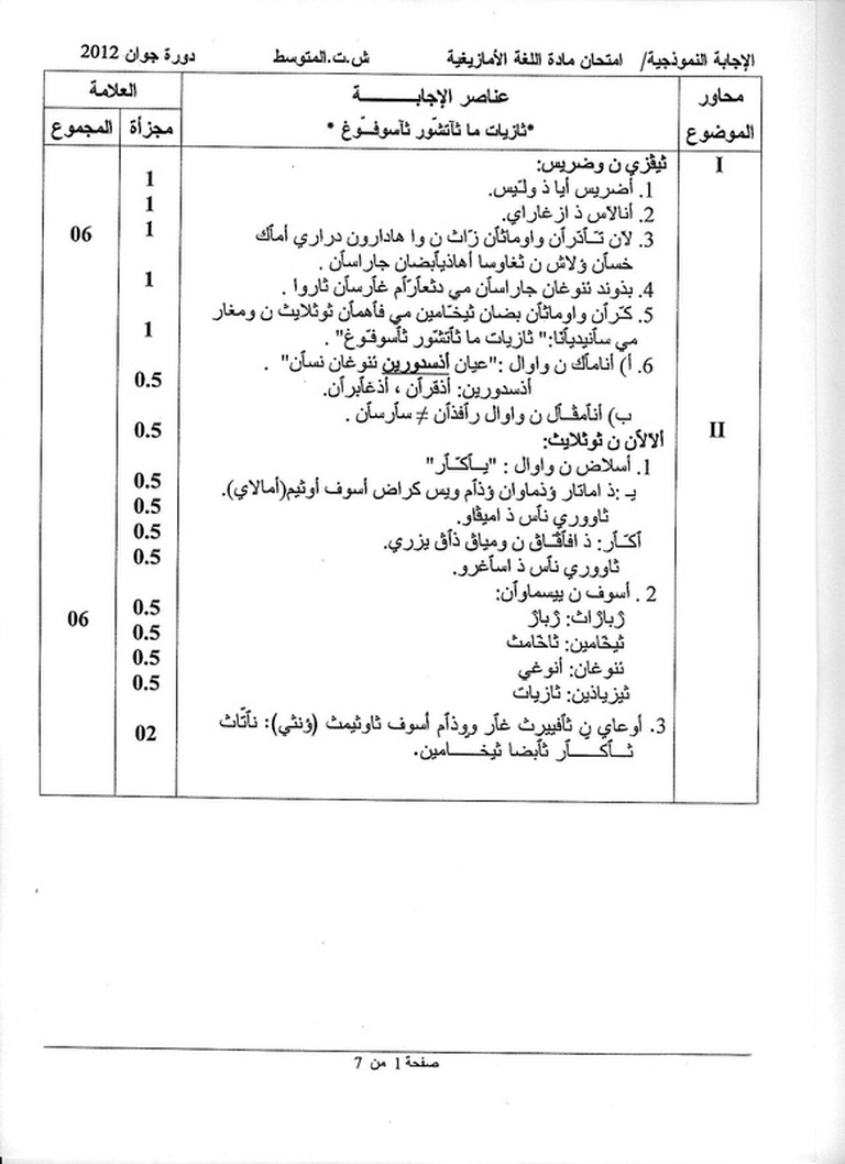 التصحيح النموذجي لموضوع الأمازيغية في شهادة التعليم المتوسط 2012 9985524