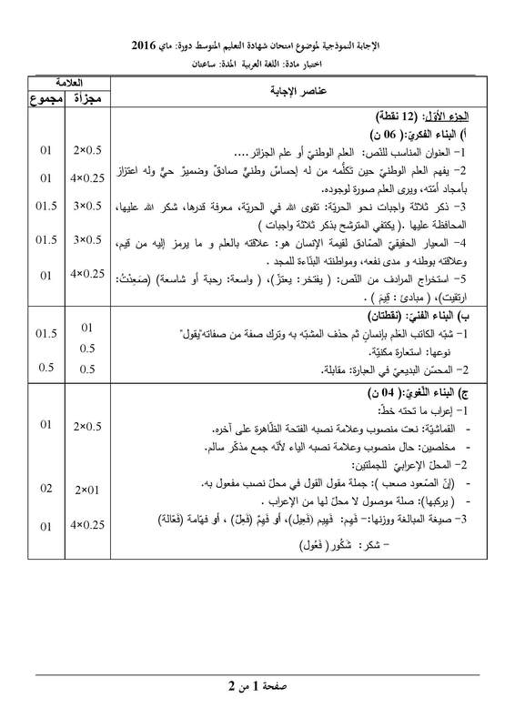 التصحيح النموذجي لموضوع اللغة العربية شهادة التعليم المتوسط 2016 Bem2016-arabic-correction-page-1_orig